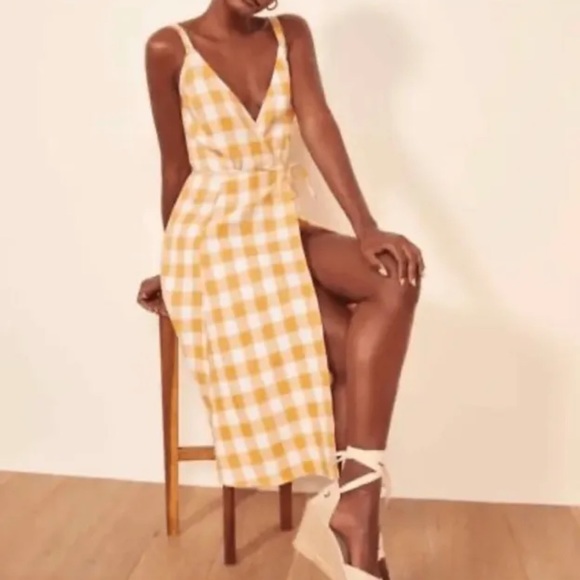 Reformation Beverly Linen Wrap Dress Yellow White Check, Size XS, Deep V Neck 💛 - Picture 6 of 12